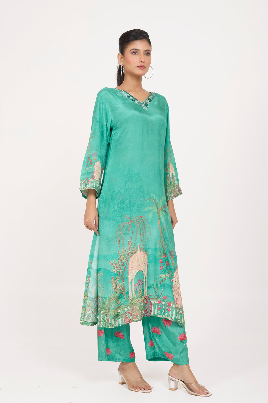 Printed Kurta & Pant - Hand Embroidered - Set of 2 - Green - Muslin Silk