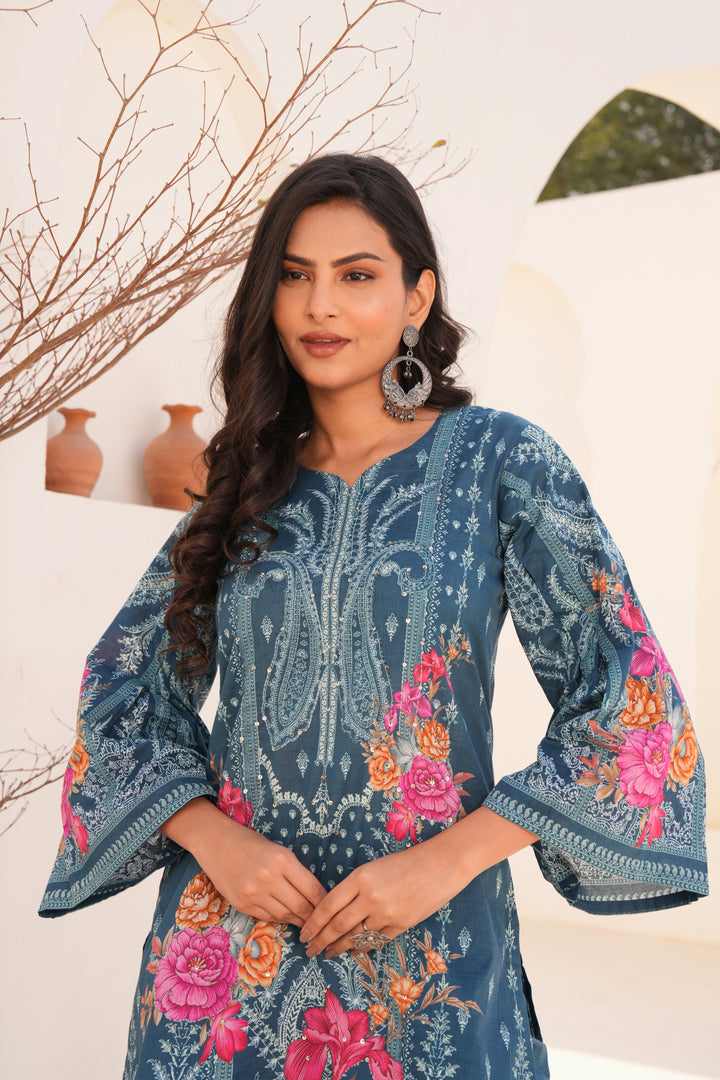 Printed Cotton Kurta & Pant - Hand Embroidered - Set of 2 - Blue