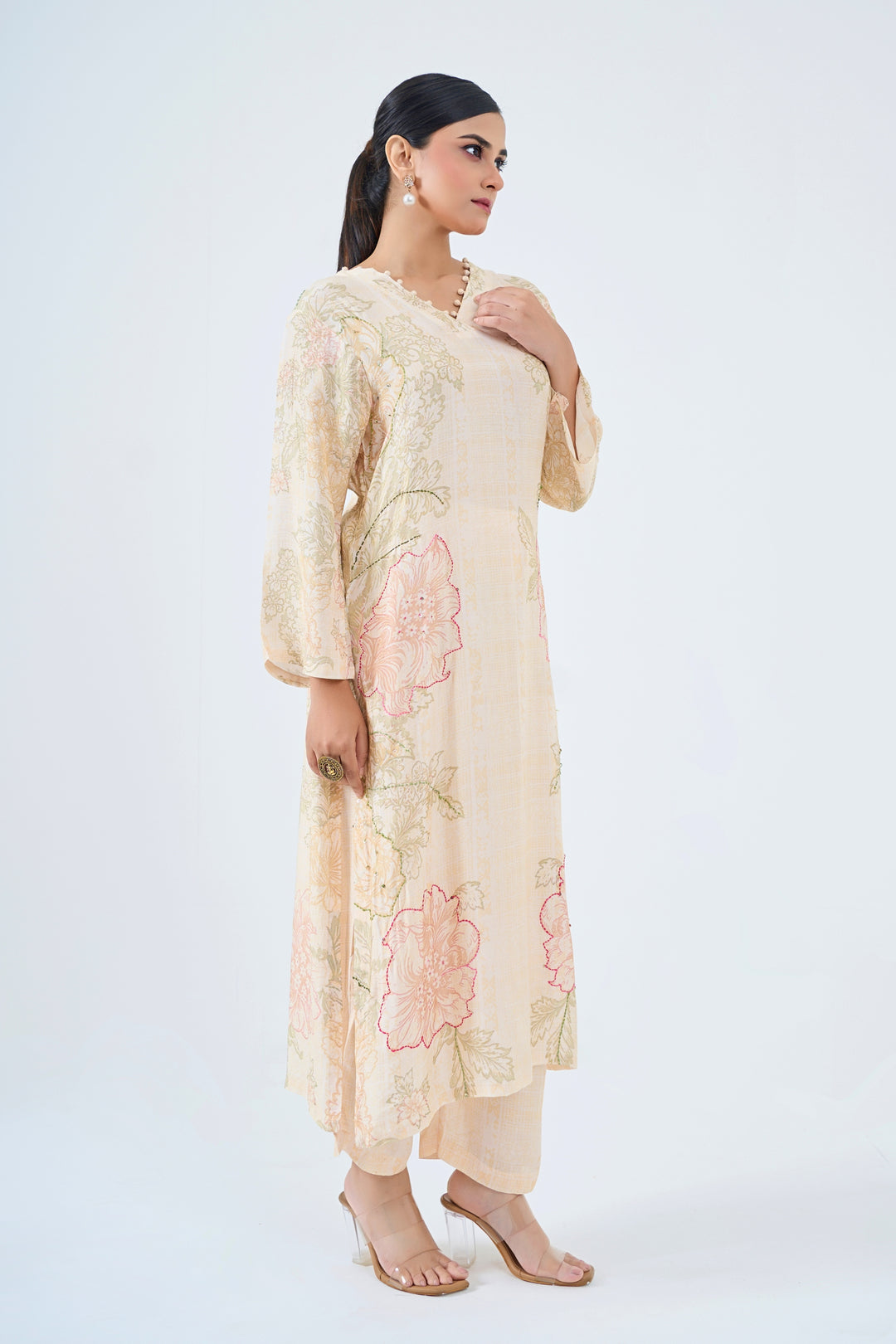 Printed Muslin Silk Kurta &amp; Pant Set – Hand Embroidered - Soft Beige