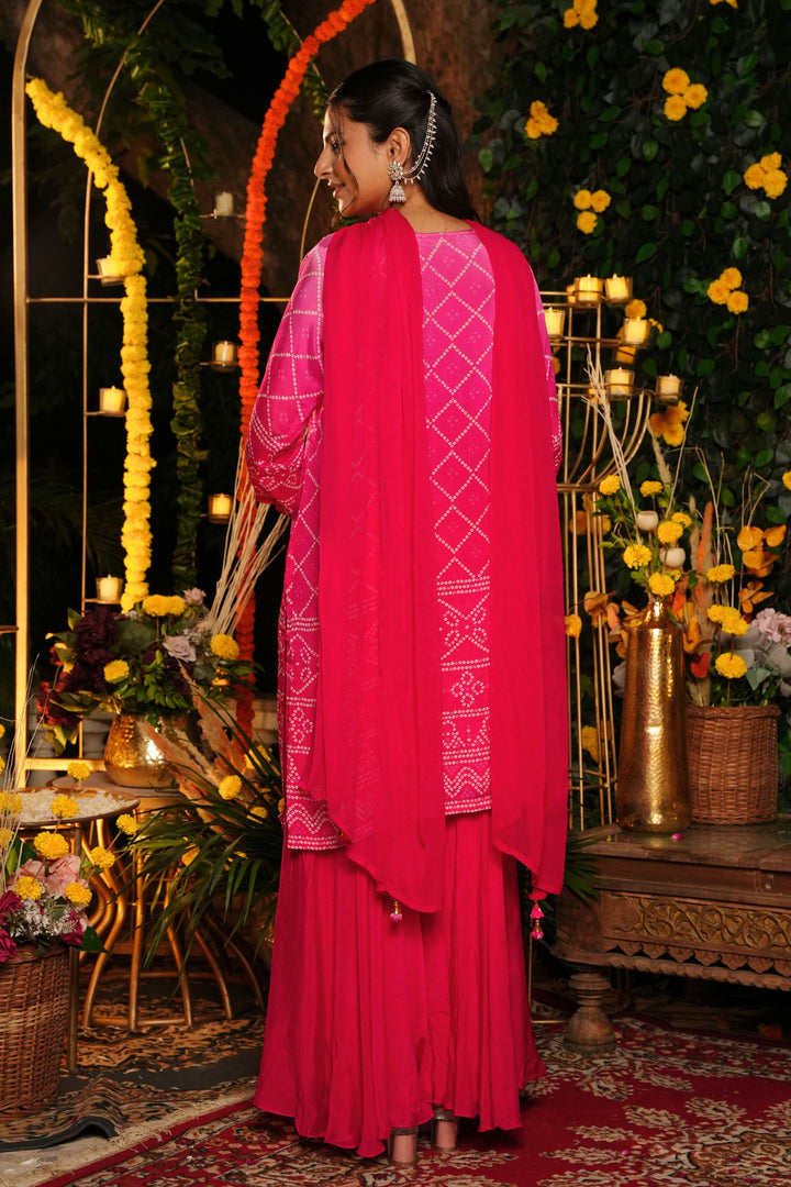 Kurta & Sharara - With Dupatta - Hand Embroidered - Set of 3 - Rani Pink