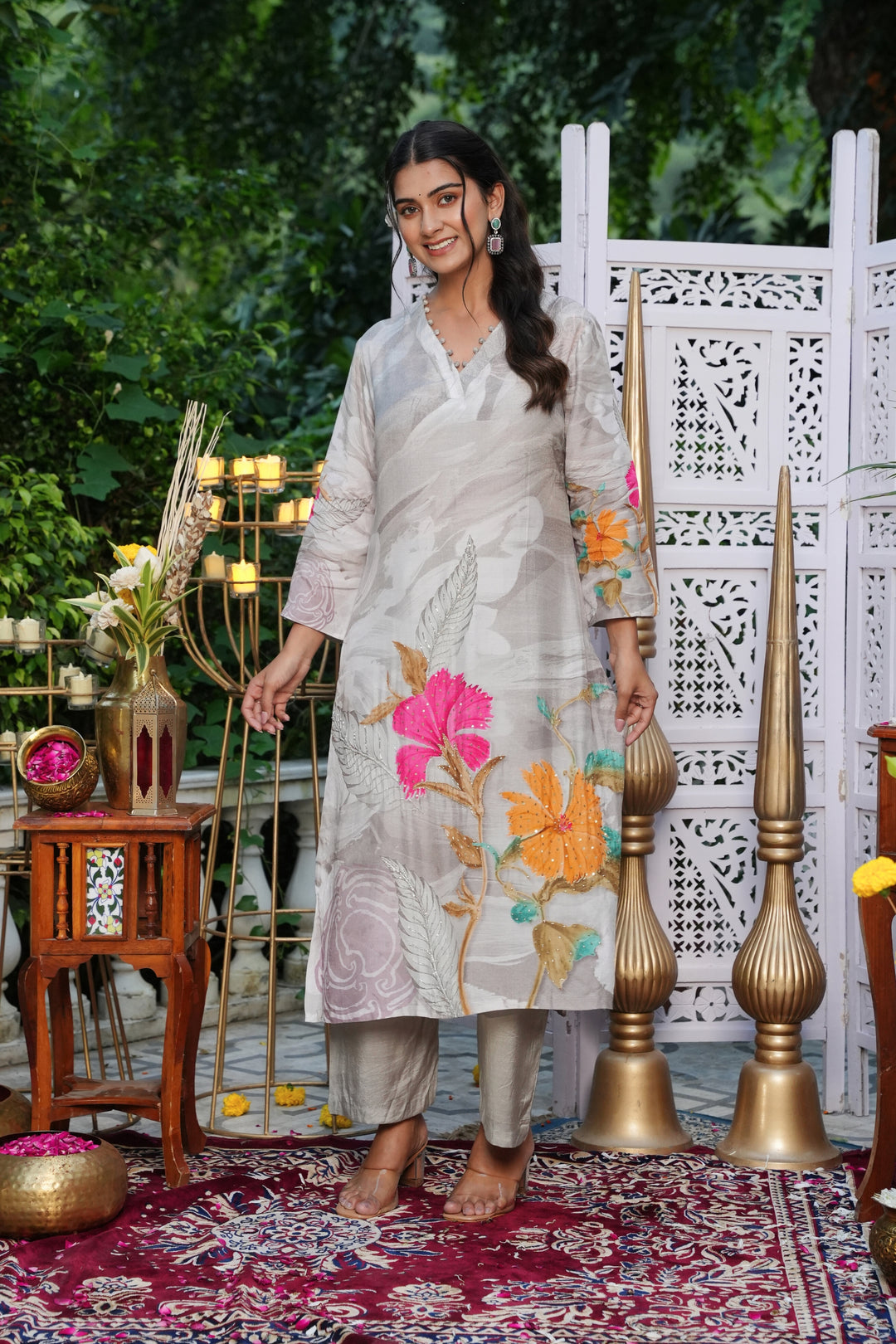 Floral Printed Kurta & Pant - Hand Embroidered - Set of 2 - Steel Grey