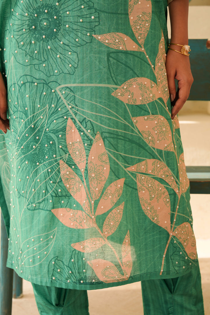 Printed Cotton Kurta & Pant - Hand Embroidered- Set of 2 - Green