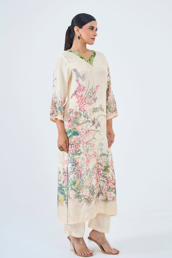 Printed Muslin Silk Kurta &amp; Pant Set - Hand Embroidered – Off White