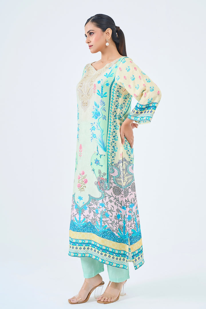 Printed Muslin Silk Kurta &amp; Pant Set - Hand Embroidered – Mint Green