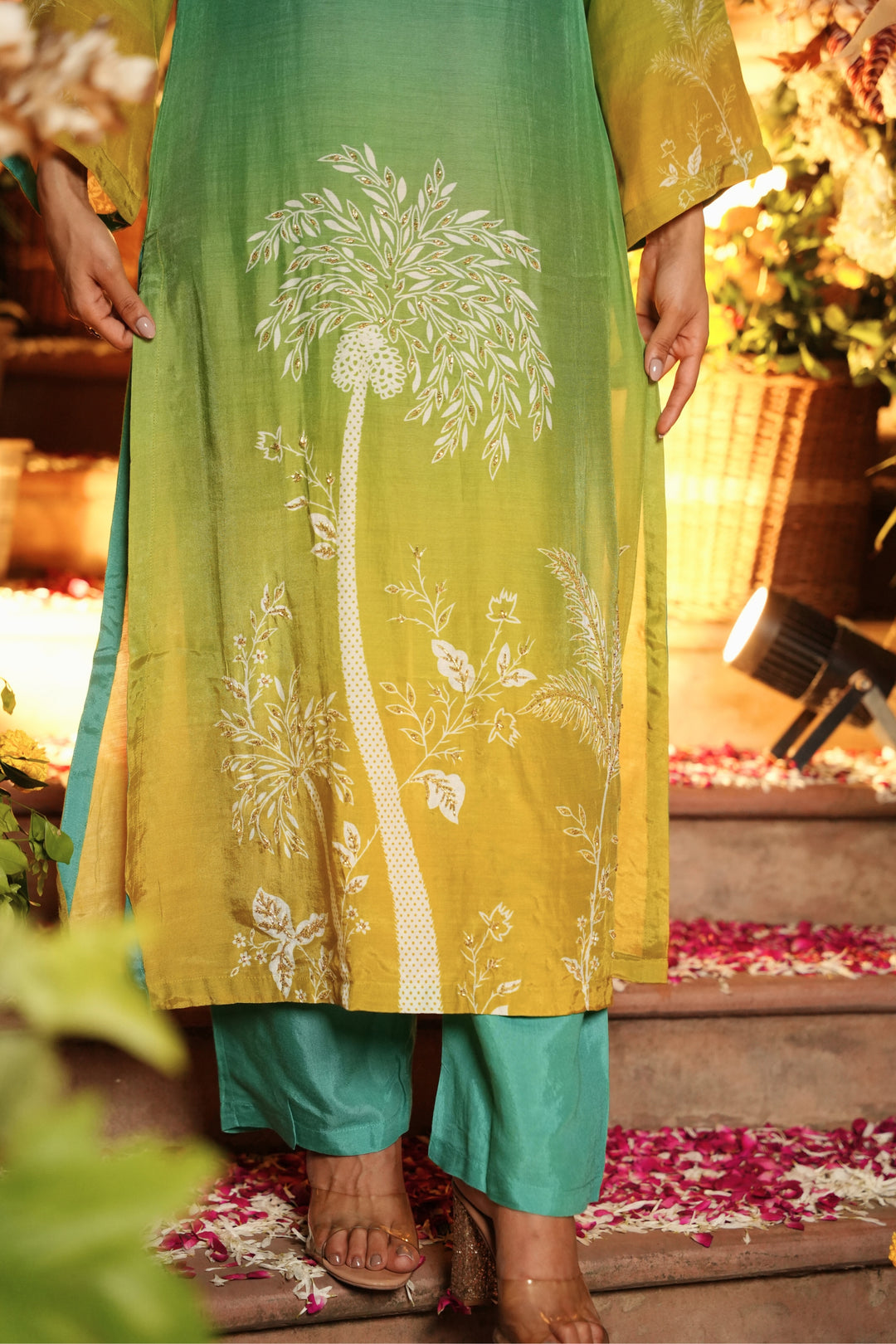 Ombre Dyed Floral Printed Kurta & Pant - Hand Embroidered - Set of 2 - Green - Muslin Silk