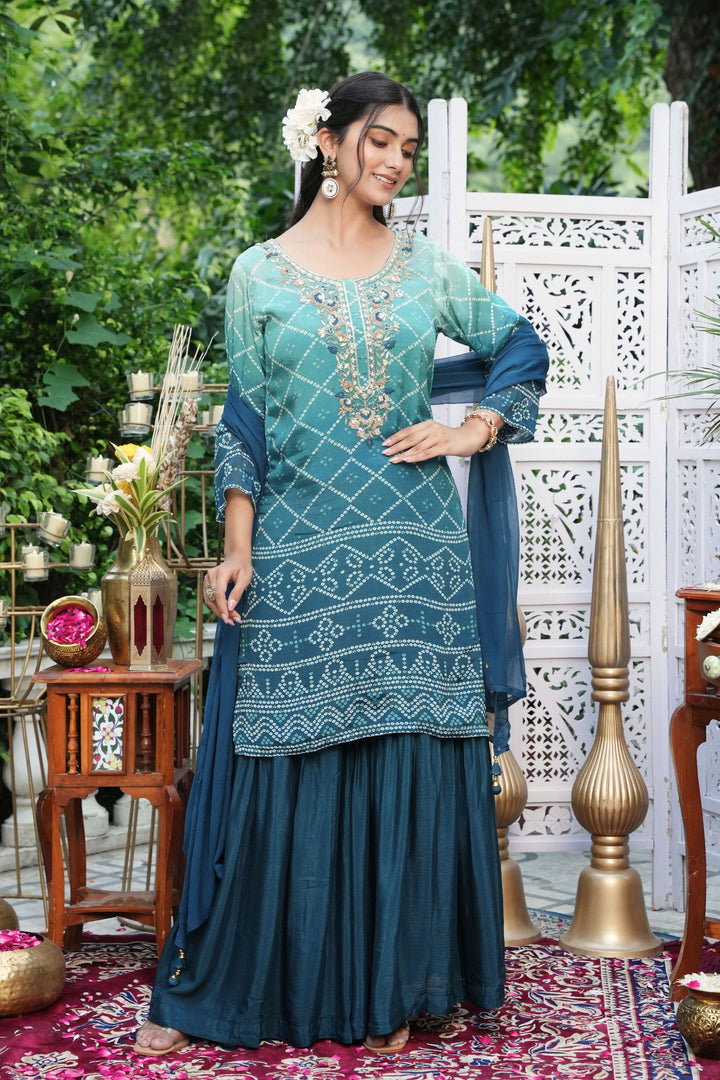 Kurta & Sharara - With Dupatta - Hand Embroidered - Set of 3 - Blue