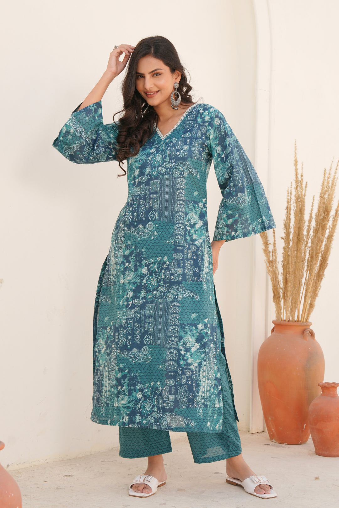 Printed Cotton Kurta & Pant - Hand Embroidered - Set of 2 - Sea Green