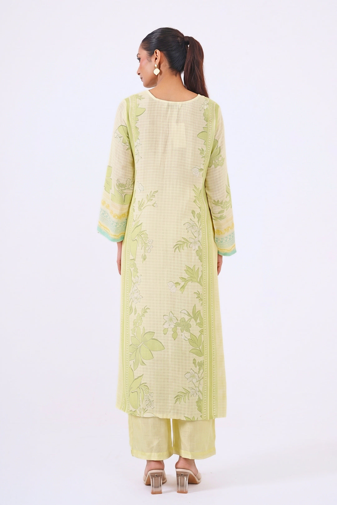 Printed Muslin Silk Kurta &amp; Pant - Set Of 2 - Lime Green