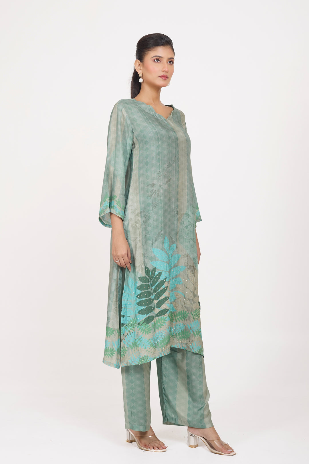 Printed Kurta & Pant - Hand Embroidered - Set of 2 - Dusty Green - Muslin Silk