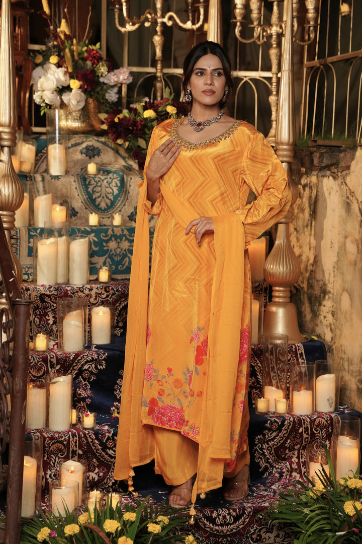 Festive Kurta & Pant - Hand Embroidered - Set of 3 - Mustard Yellow