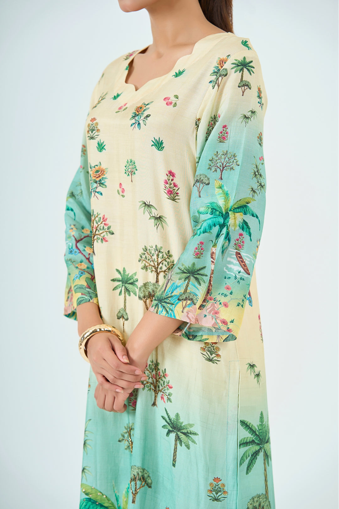 Printed Muslin Silk Kurta &amp; Pant Set – Hand Embroidered - Aqua Green &amp; Ivory