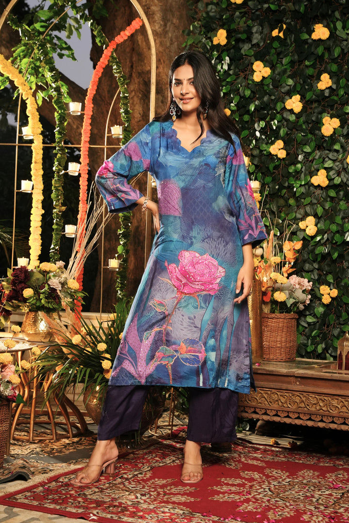 Floral Printed Kurta & Pant - Hand Embroidered - Set of 2 - Blue - Muslin Silk