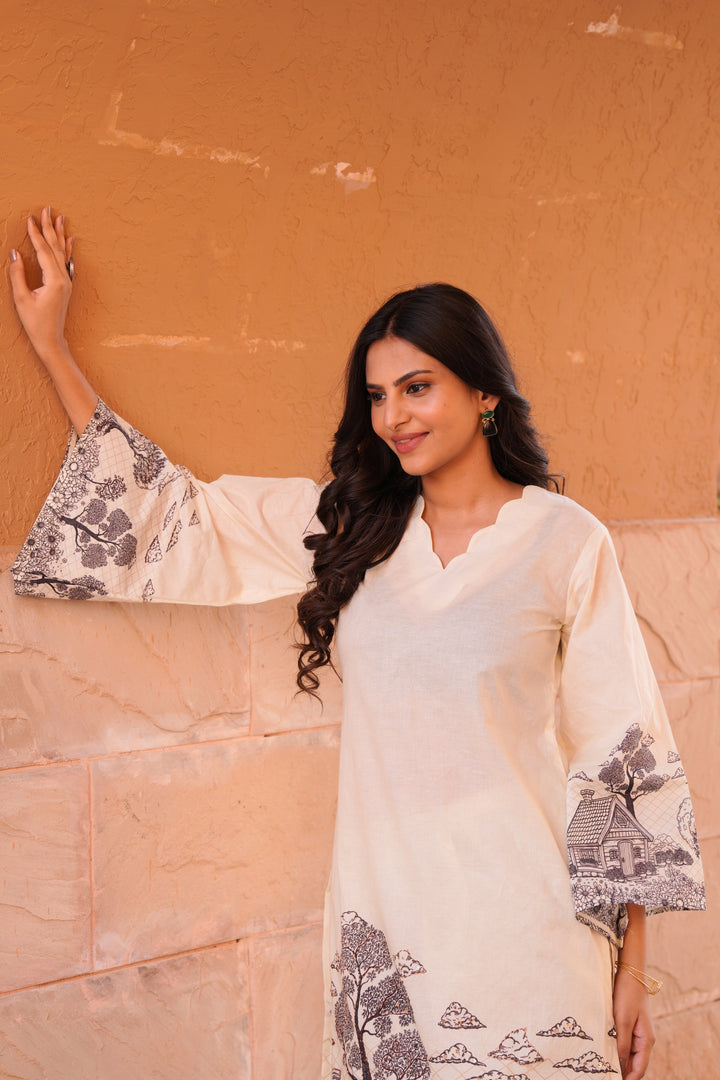Printed Cotton Kurta & Pant - Hand Embroidered - Set of 2 - White