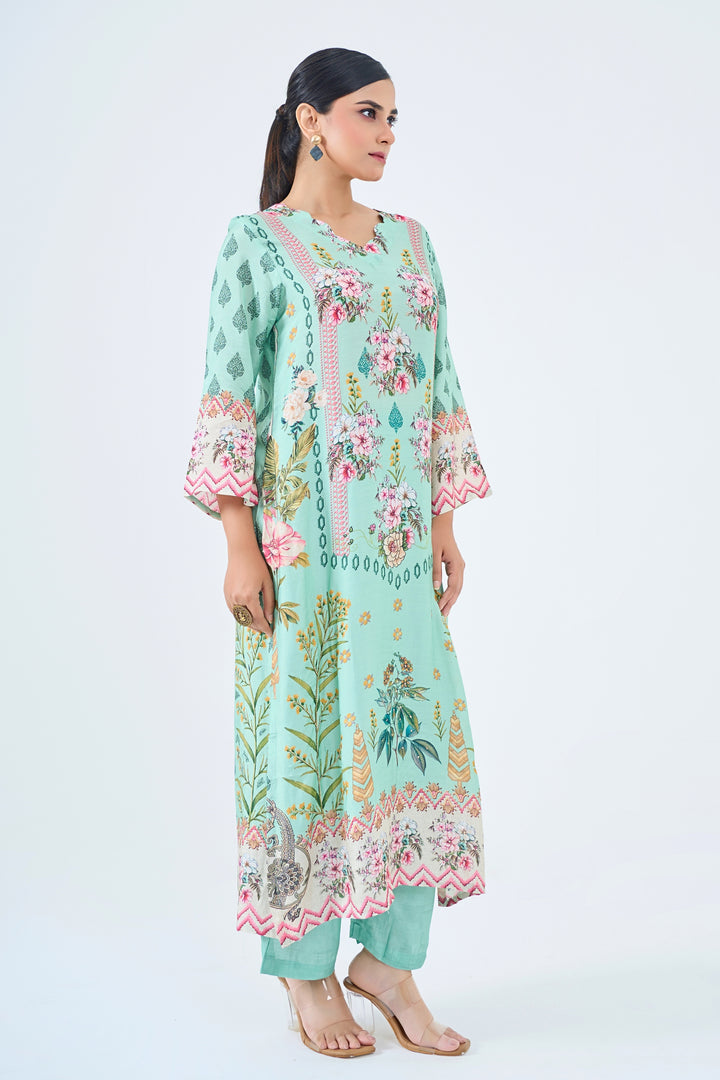 Printed Muslin Silk Kurta &amp; Pant Set – Hand Embroidered - Mint Green