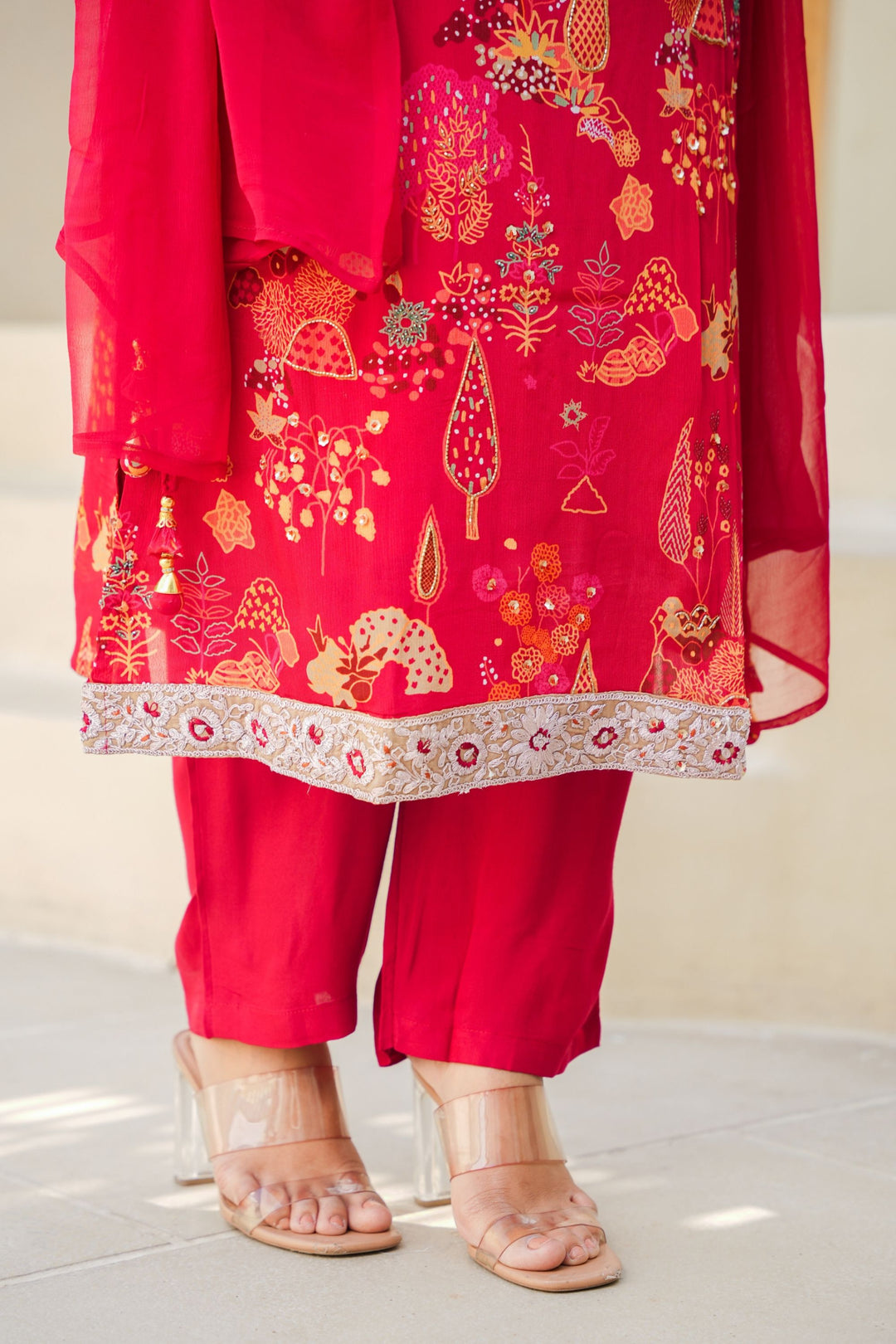 FLORAL PRINTED KURTA & PANT PAIRED WITH A DUPATTA - HAND EMBROIDERED - SET OF 3 - REDDISH MAROON