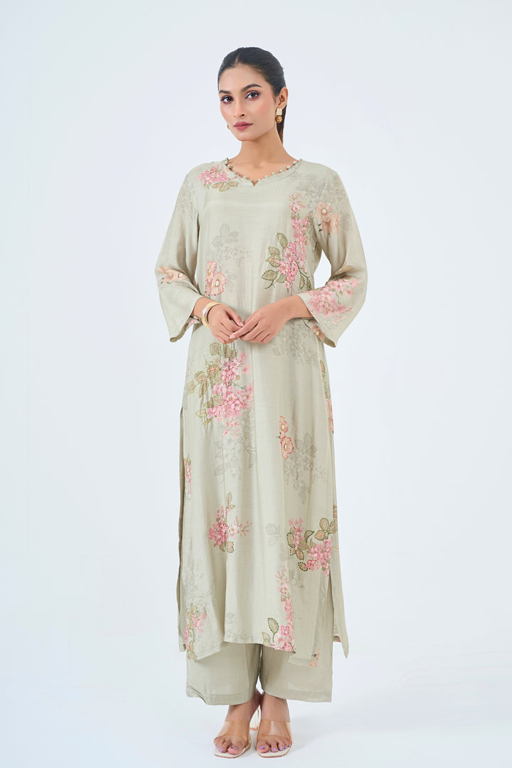 Floral Printed Muslin Silk Kurta &amp; Pant Set - Hand Embroidered – Sage Green