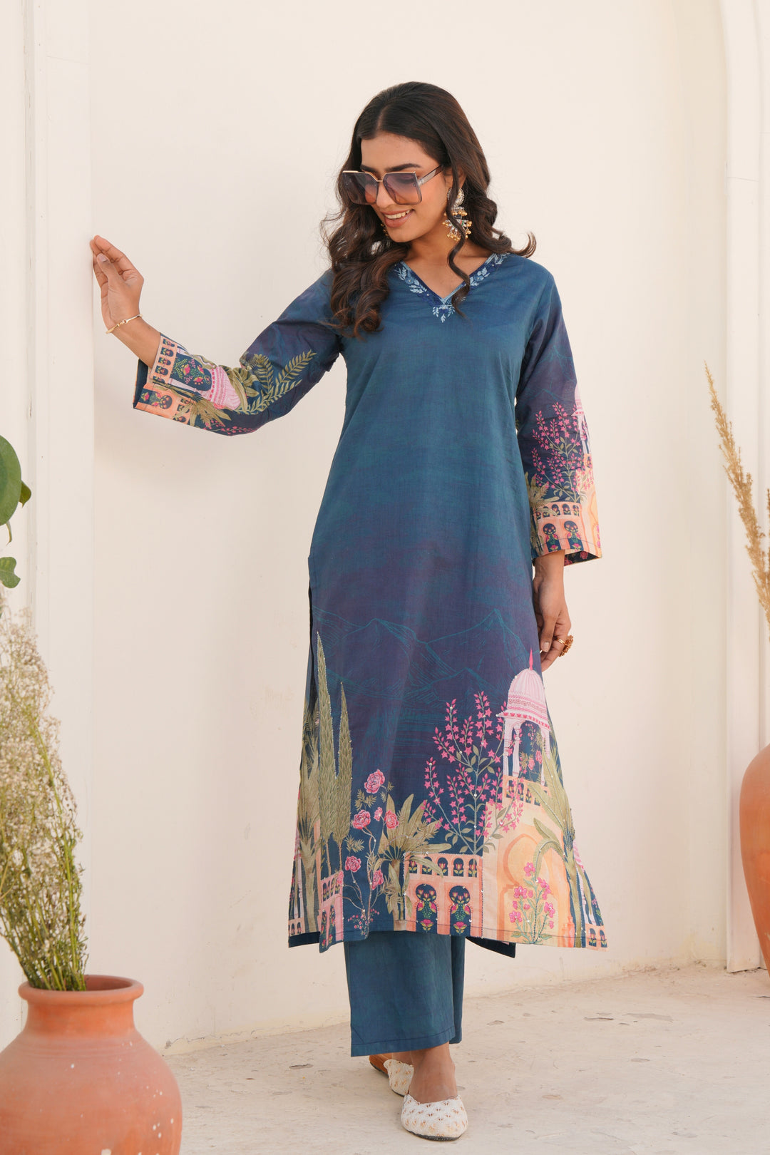 Printed Cotton Kurta & Pant - Hand Embroidered - Set of 2 - Blue