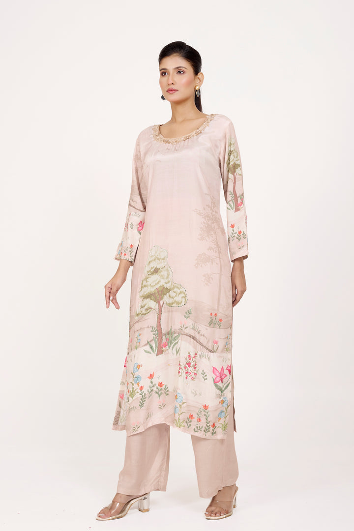 Printed Kurta & Pant - Hand Embroidered - Set of 2 - Lite Beige - Muslin Silk