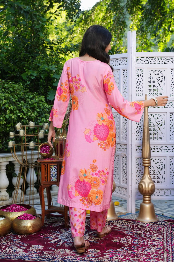 Floral Printed Kurta & Pant - Hand Embroidered - Set of 2 - Baby Pink