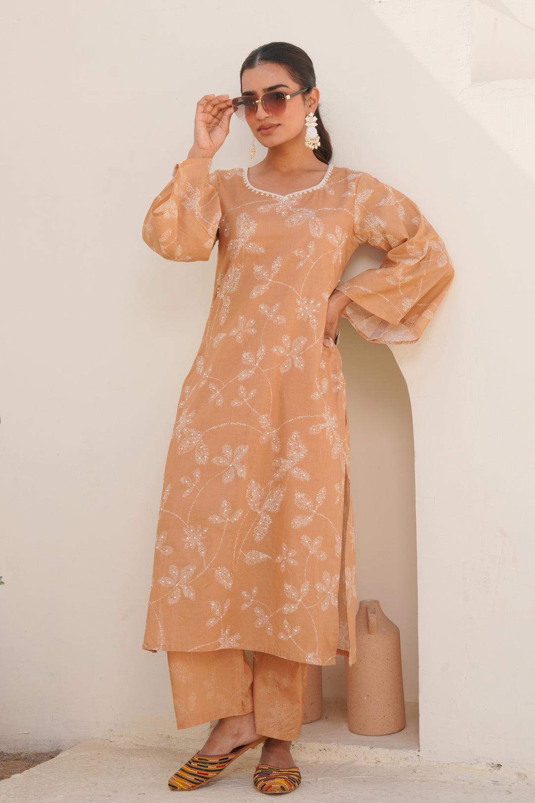 Printed Cotton Kurta & Pant - Hand Embroidered- Set of 2 - Tan Brown