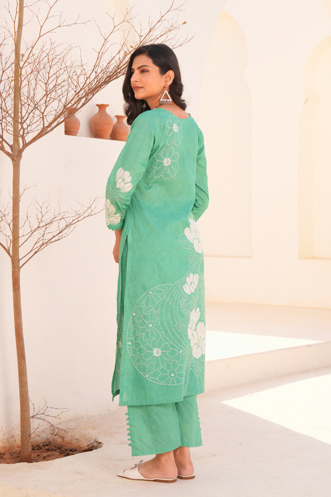 Printed Cotton Kurta & Pant - Hand Embroidered- Set of 2 - Green