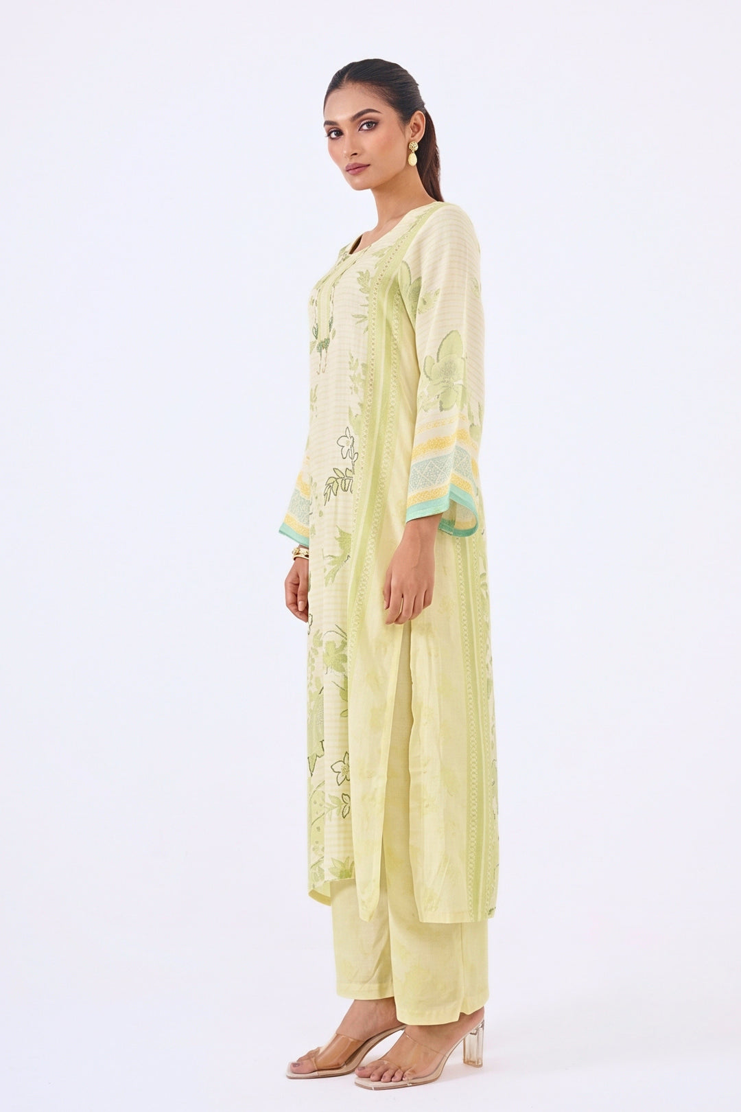 Printed Muslin Silk Kurta &amp; Pant - Set Of 2 - Lime Green