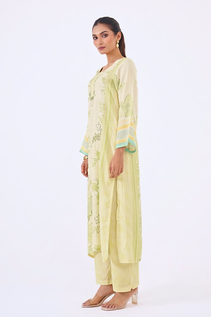 Printed Muslin Silk Kurta &amp; Pant - Set Of 2 - Lime Green