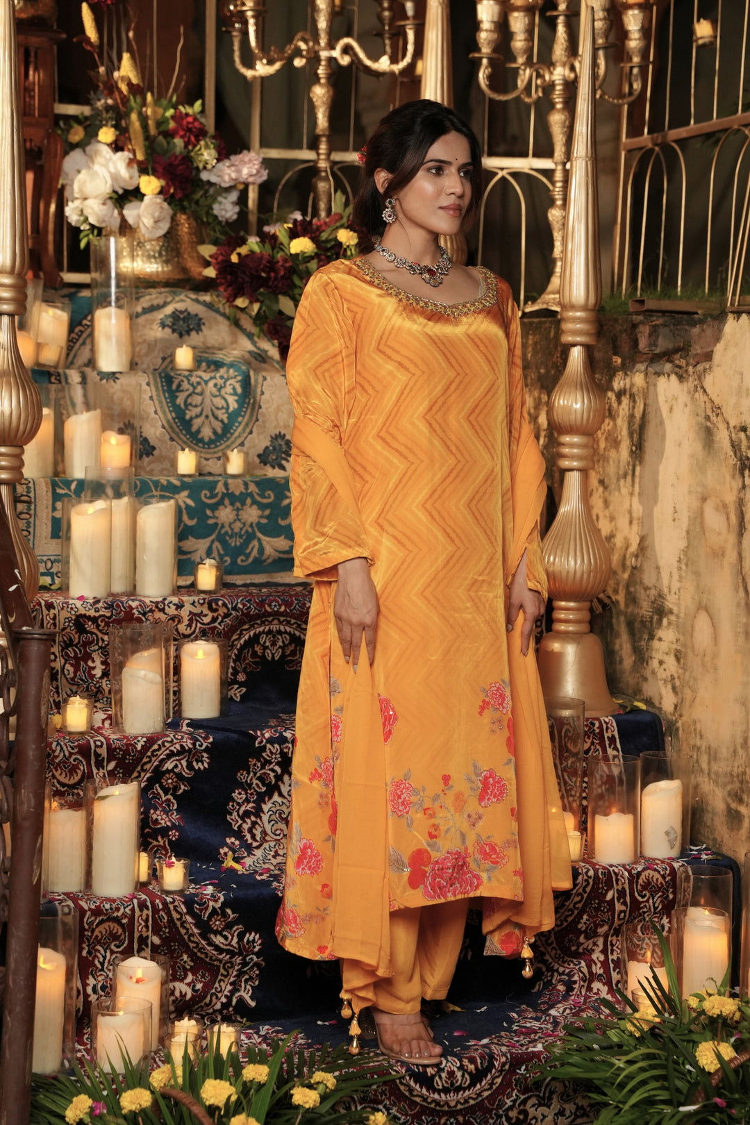 Festive Kurta & Pant - Hand Embroidered - Set of 3 - Mustard Yellow