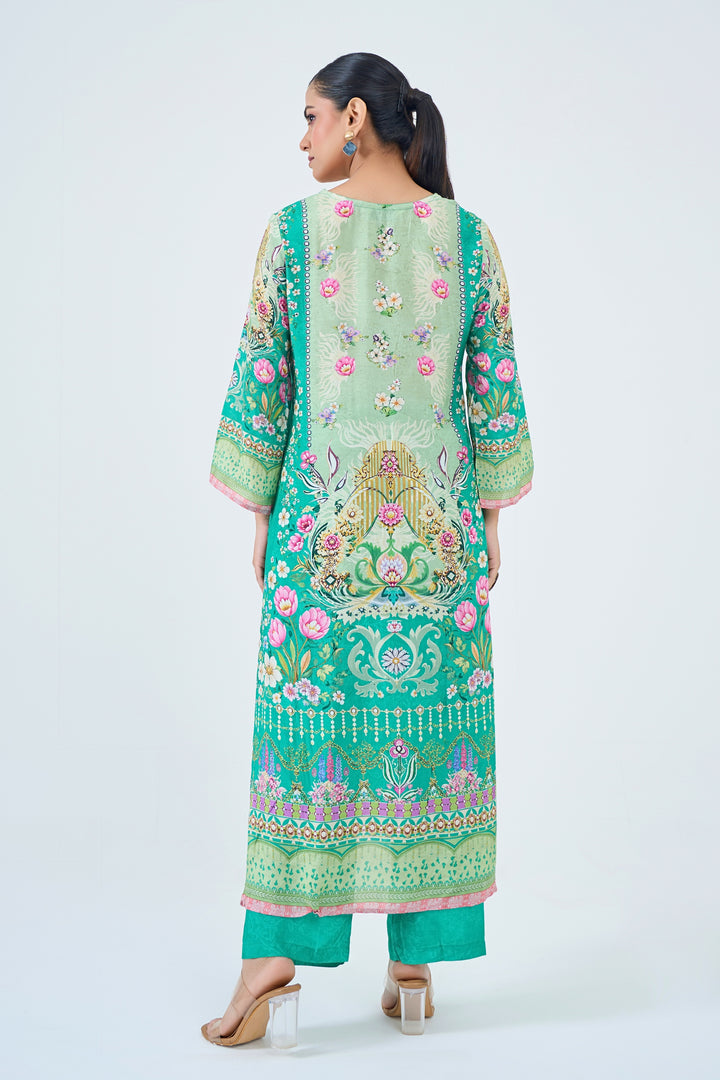 Printed Muslin Silk Kurta &amp; Pant Set - Hand Embroidered – Green
