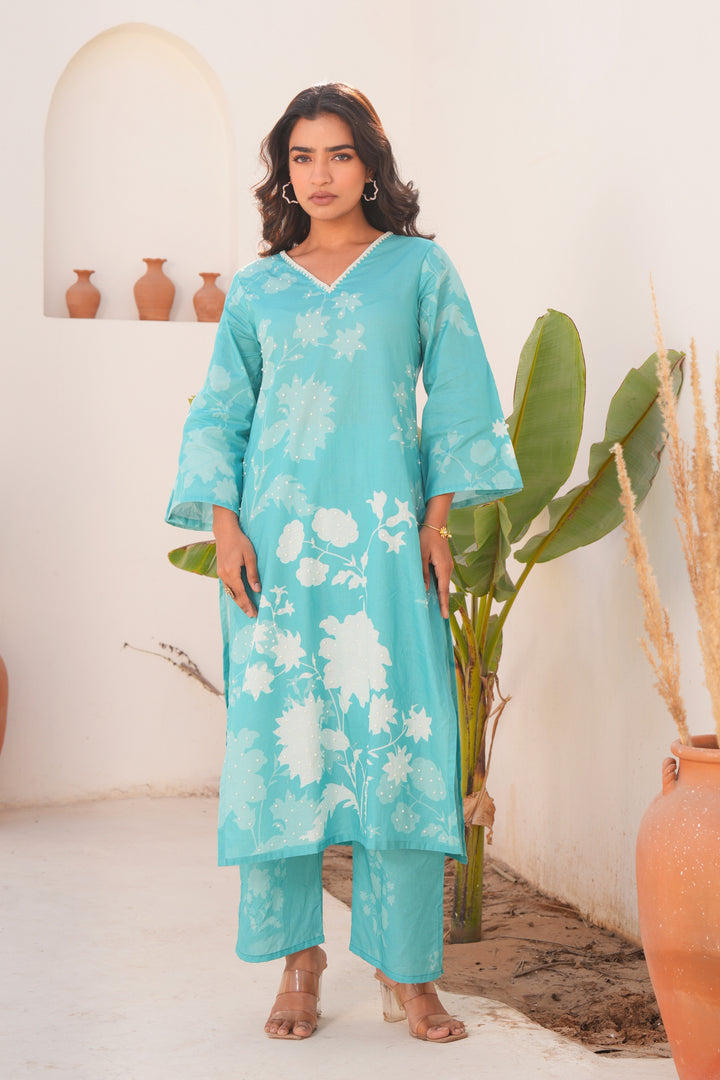 Printed Cotton Kurta & Pant - Hand Embroidered - Set of 2 - Sky Blue