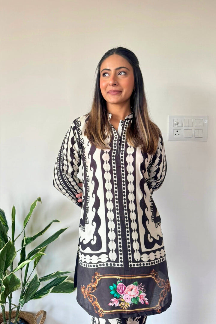 Printed Muslin Co-ord Set - Black
