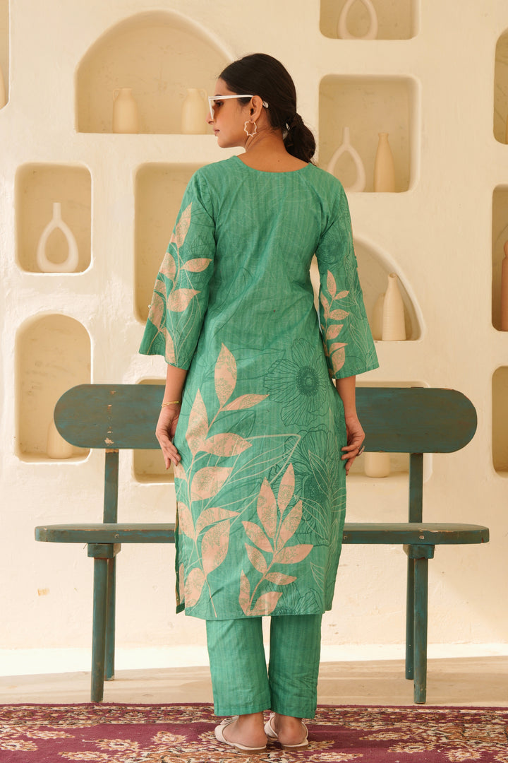 Printed Cotton Kurta & Pant - Hand Embroidered- Set of 2 - Green