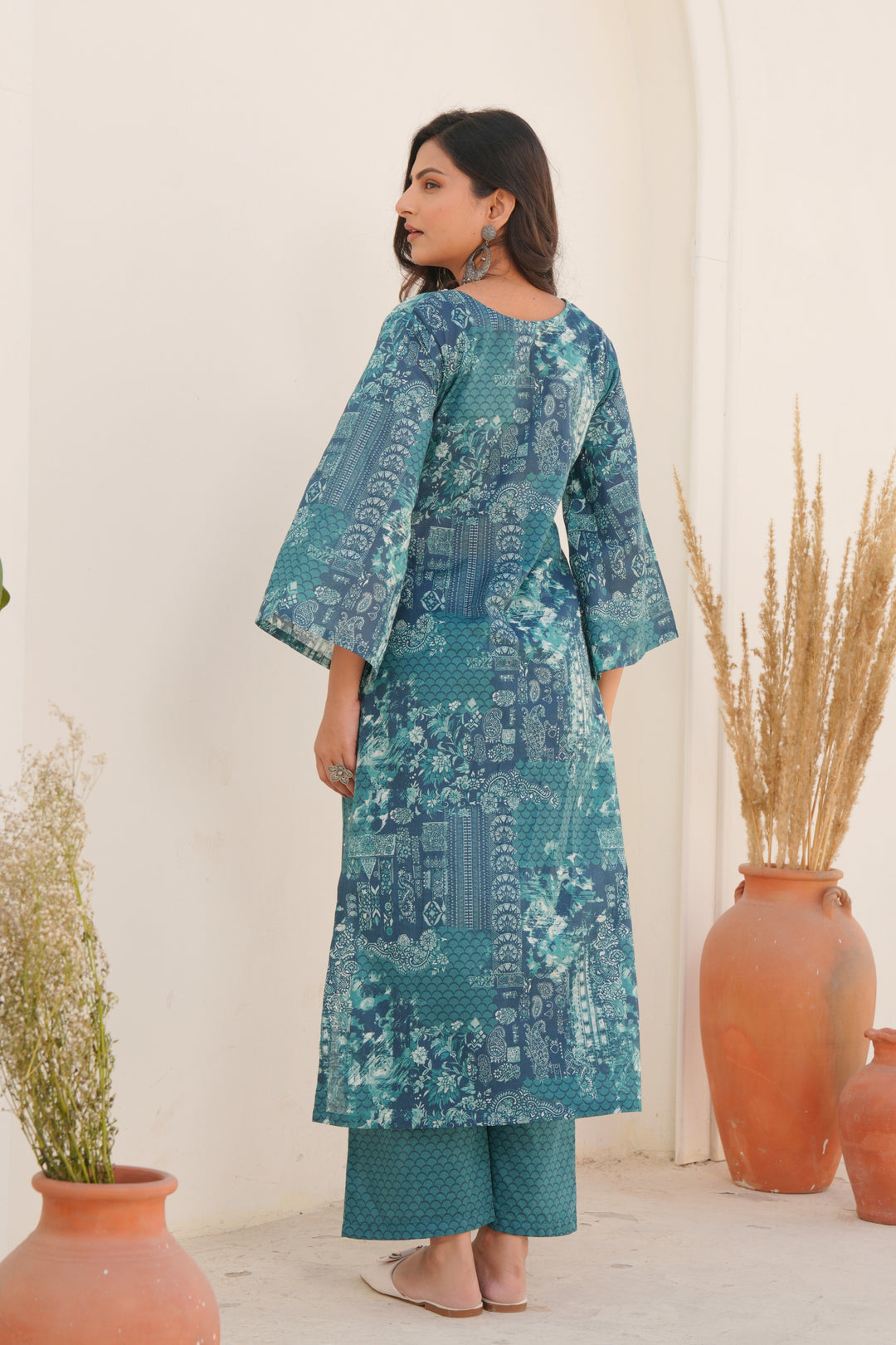 Printed Cotton Kurta & Pant - Hand Embroidered - Set of 2 - Sea Green