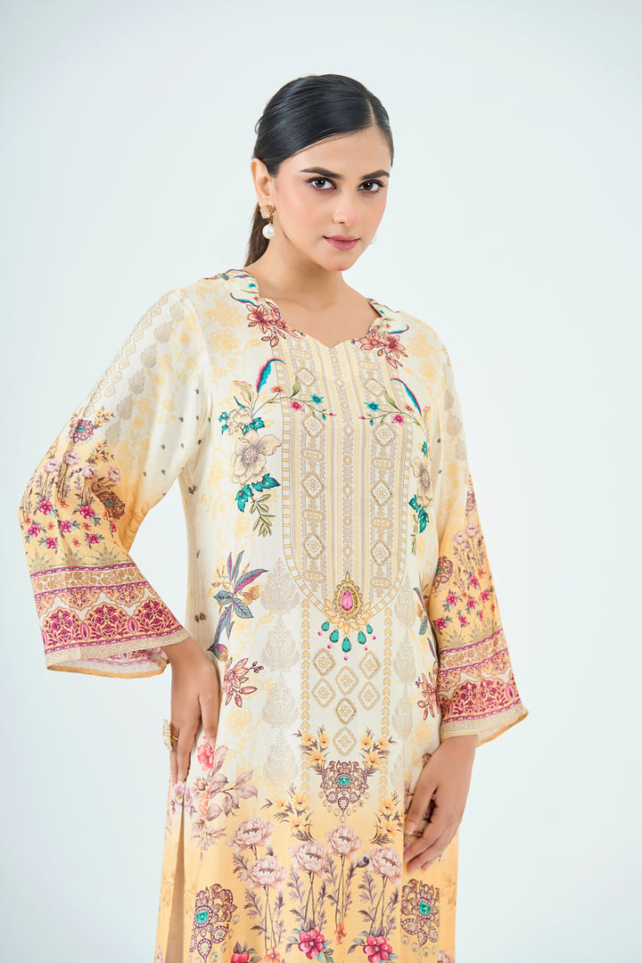 Floral Printed Muslin Silk Kurta &amp; Pant Set – Hand Embroidered - Ivory Yellow