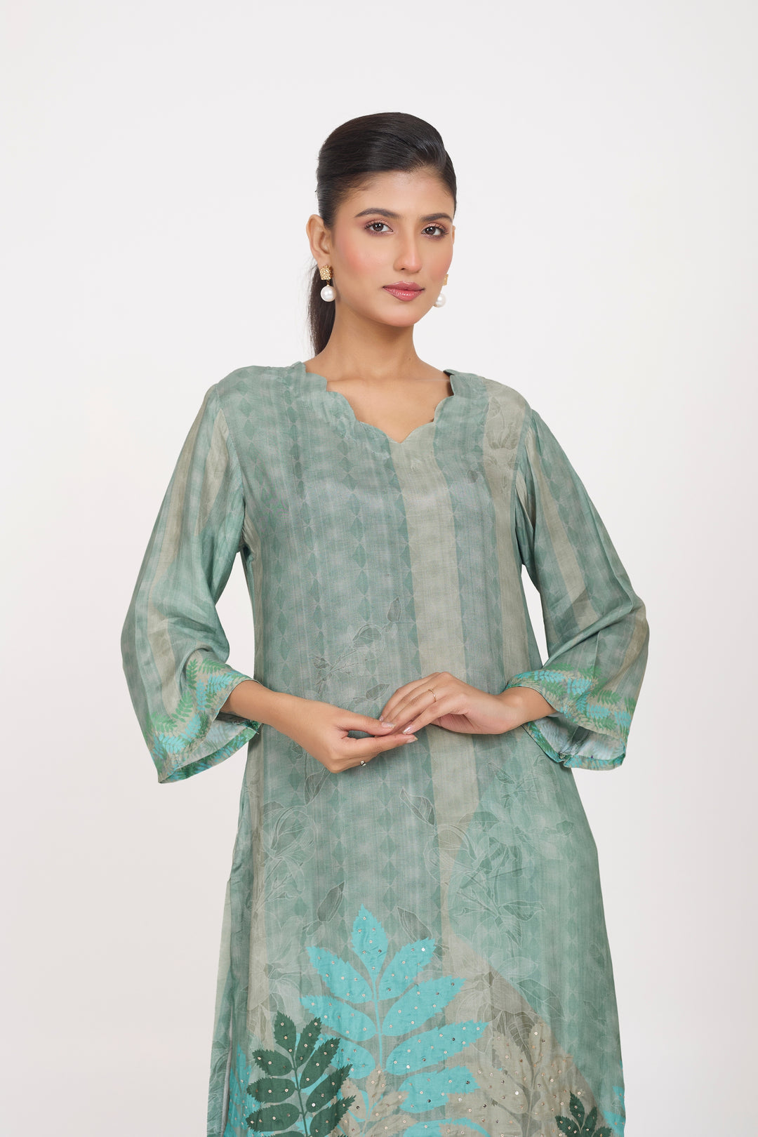 Printed Kurta & Pant - Hand Embroidered - Set of 2 - Dusty Green - Muslin Silk