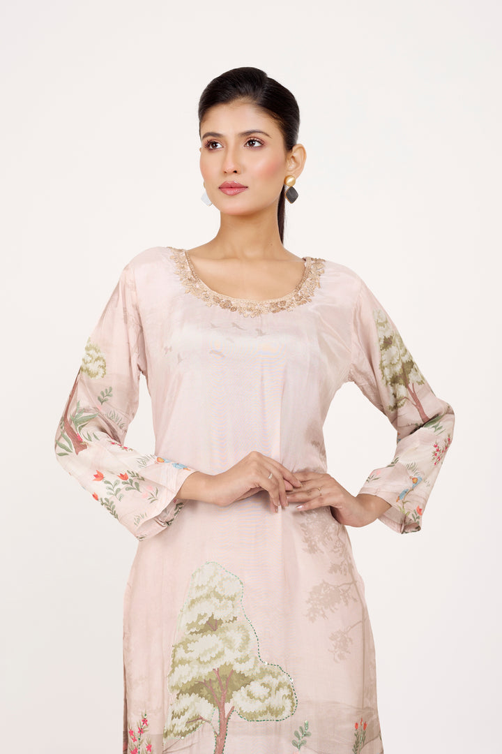 Printed Kurta & Pant - Hand Embroidered - Set of 2 - Lite Beige - Muslin Silk