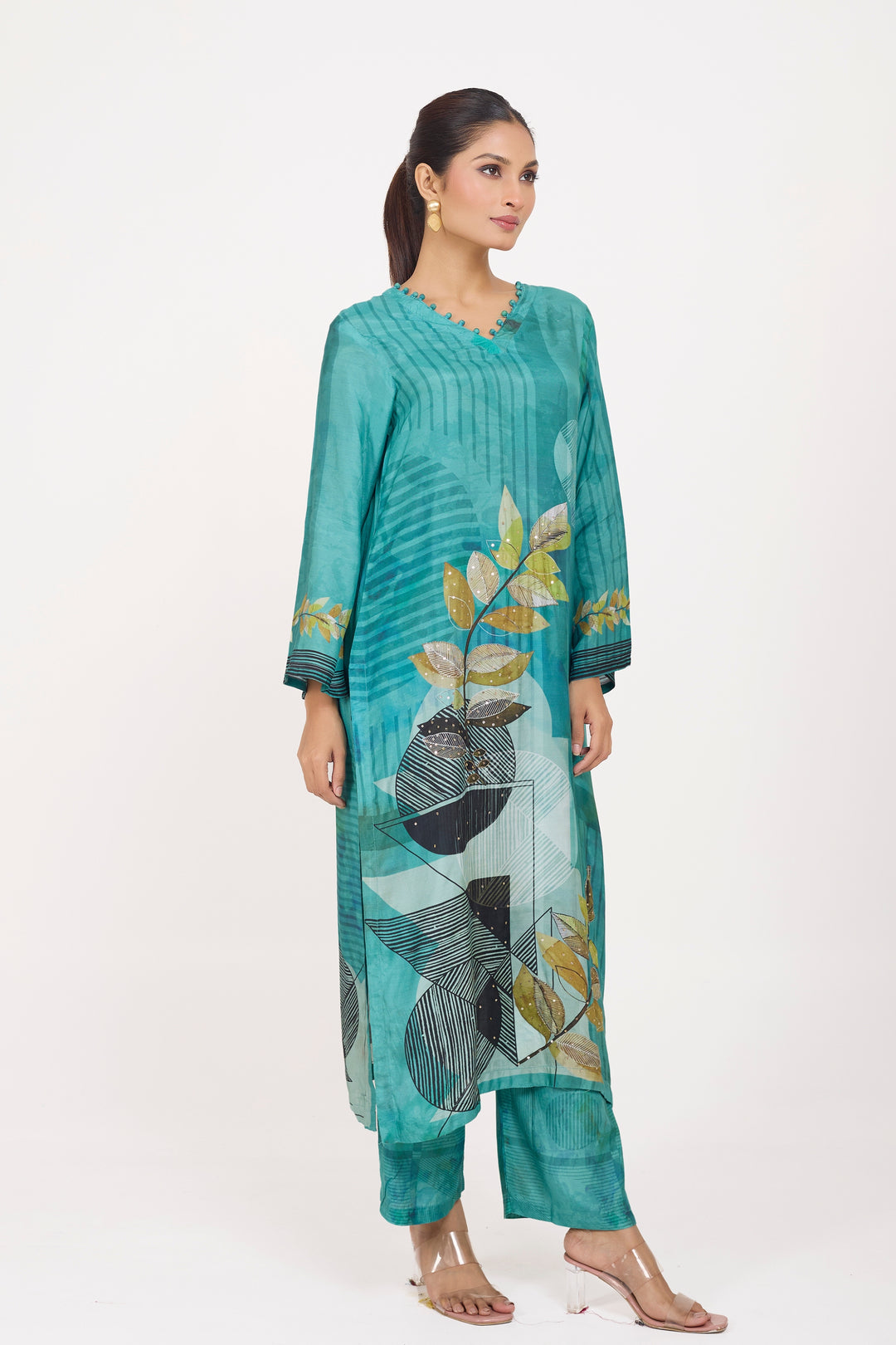 Printed Kurta & Pant - Hand Embroidered - Set of 2 - Sea Green - Muslin Silk