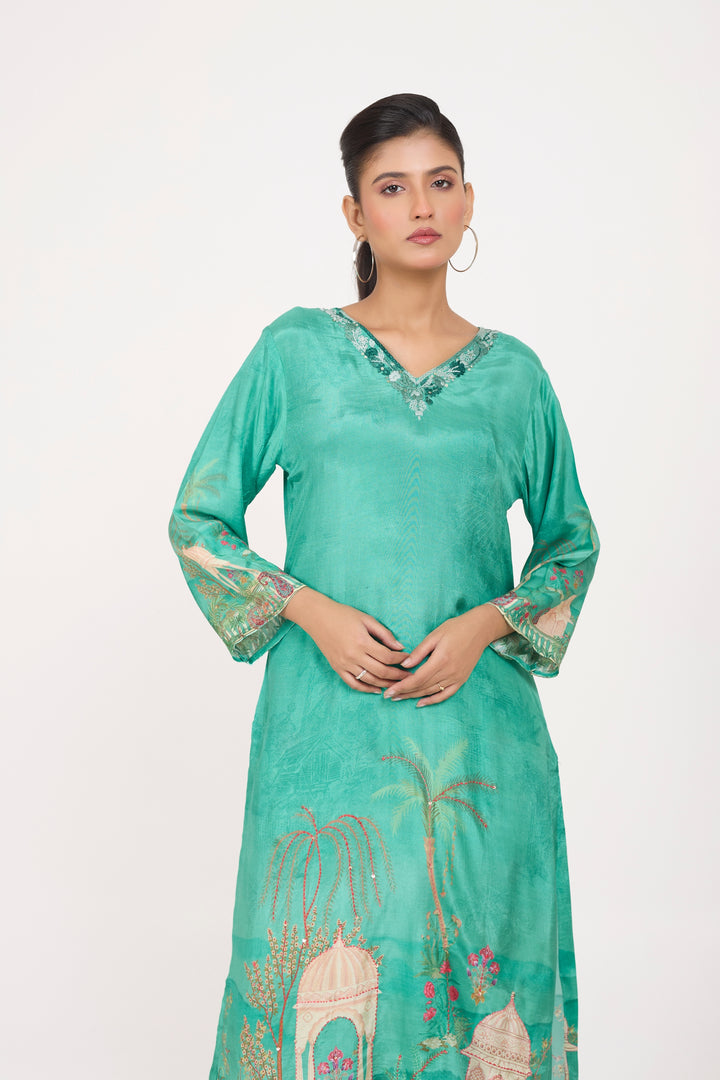 Printed Kurta & Pant - Hand Embroidered - Set of 2 - Green - Muslin Silk