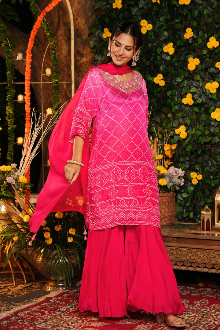 Kurta & Sharara - With Dupatta - Hand Embroidered - Set of 3 - Rani Pink