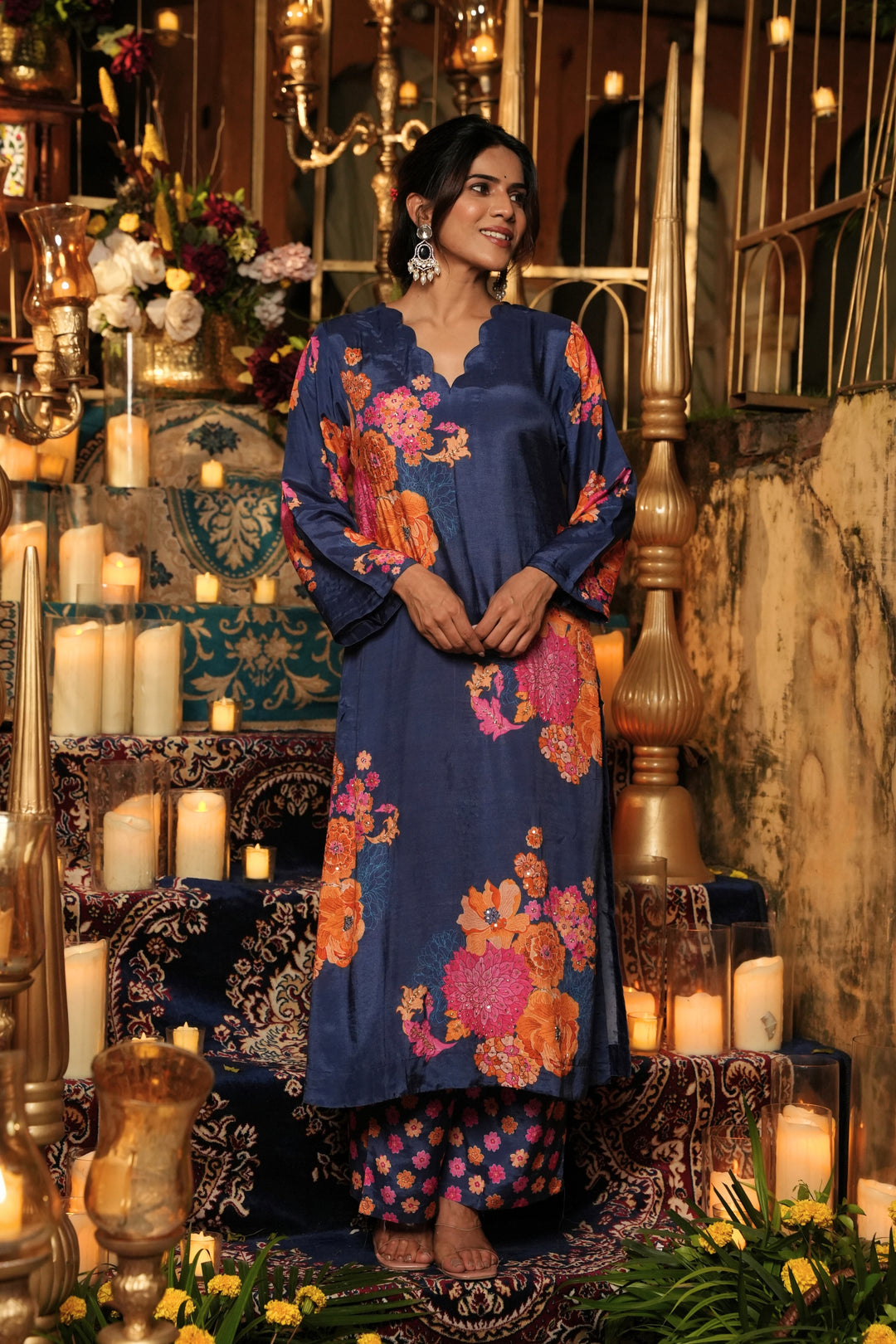 Floral Printed Kurta & Pant - Hand Embroidered - Set of 2 - Blue