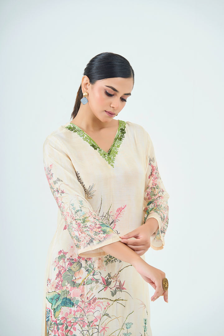 Printed Muslin Silk Kurta &amp; Pant Set - Hand Embroidered – Off White