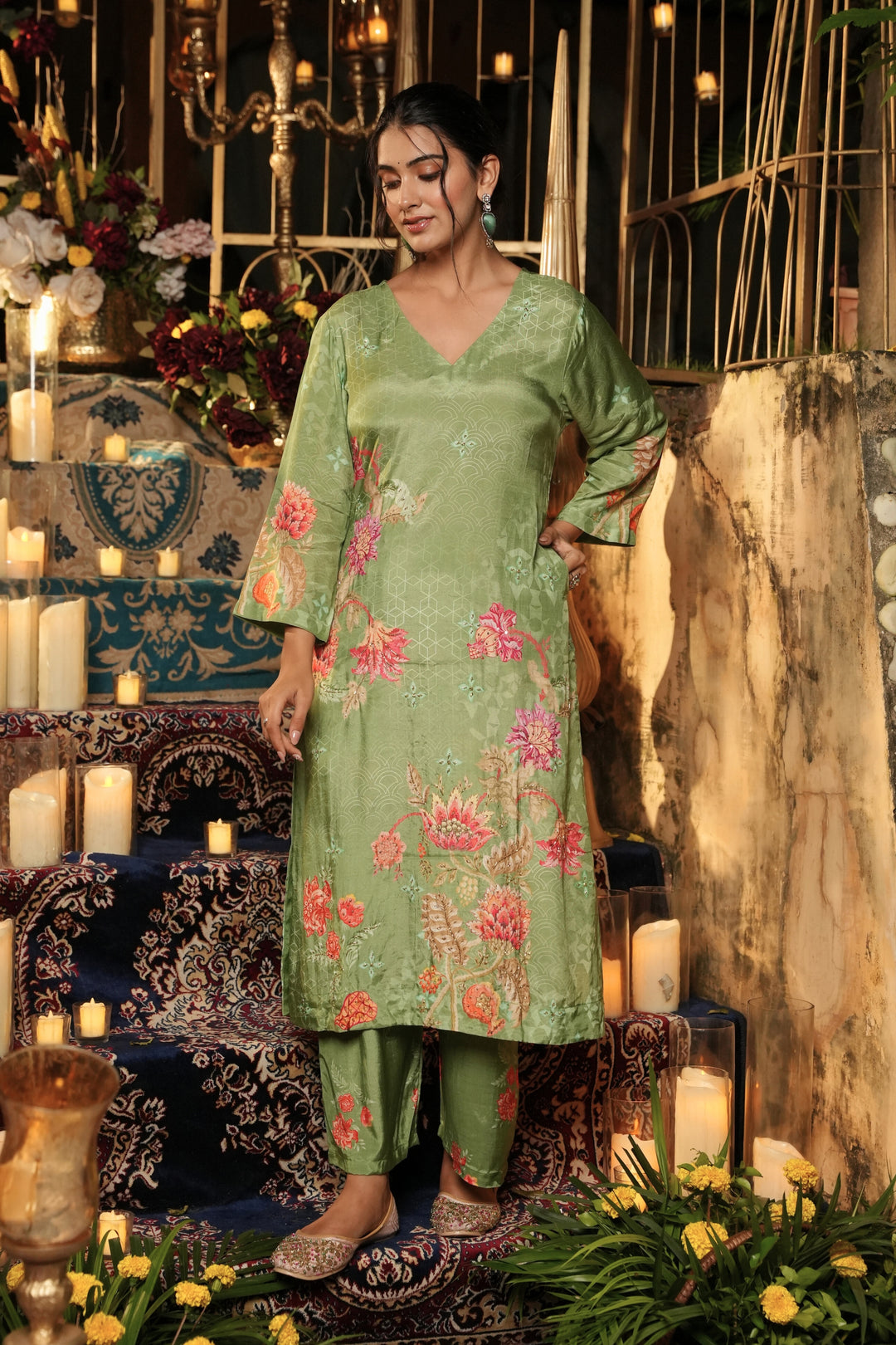 Floral Printed Kurta & Pant - Hand Embroidered - Set of 2 - Green