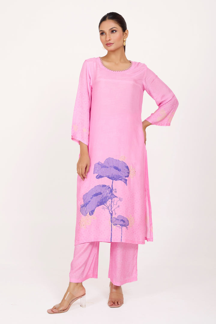Pink Muslin Silk Hand-Embroidered Kurta Set