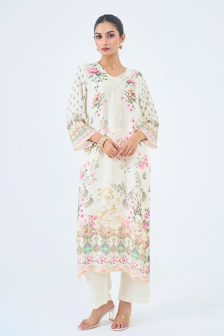 Printed Muslin Silk Kurta &amp; Pant Set – Hand Embroidered - Off-White