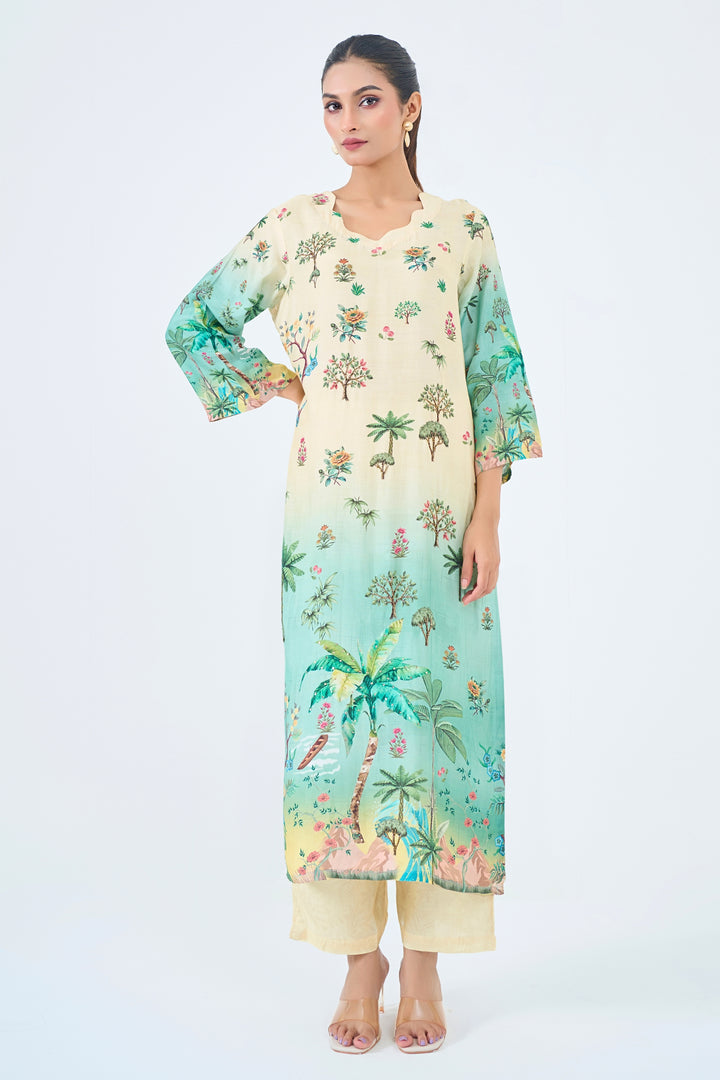 Printed Muslin Silk Kurta &amp; Pant Set – Hand Embroidered - Aqua Green &amp; Ivory