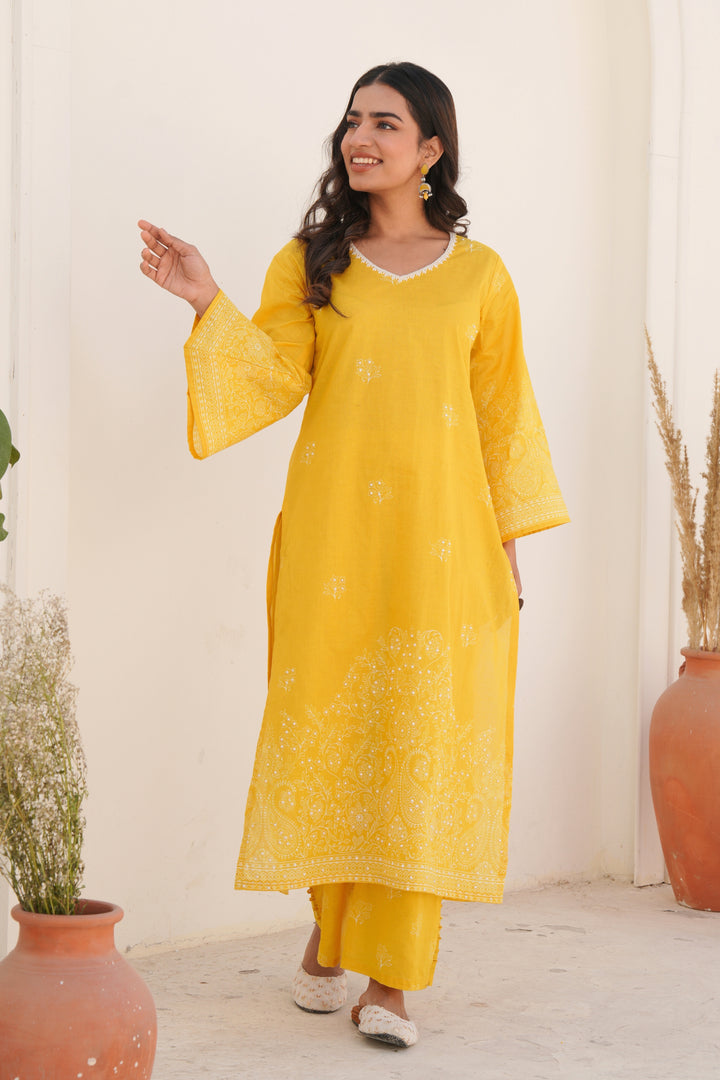 Printed Cotton Kurta & Pant - Hand Embroidered - Set of 2 - Yellow