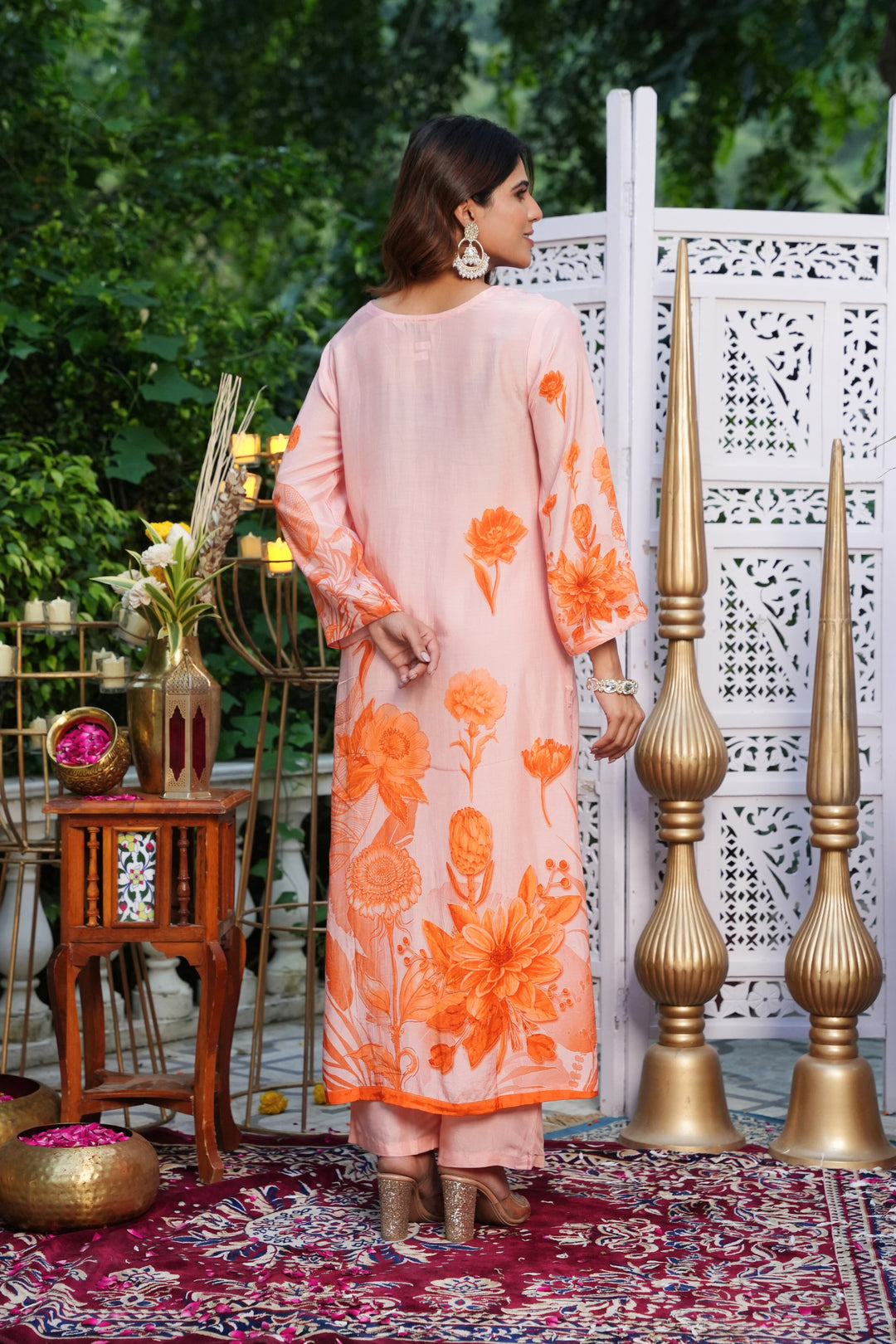 Floral Printed Kurta & Pant - Hand Embroidered - Set of 2 - Peach