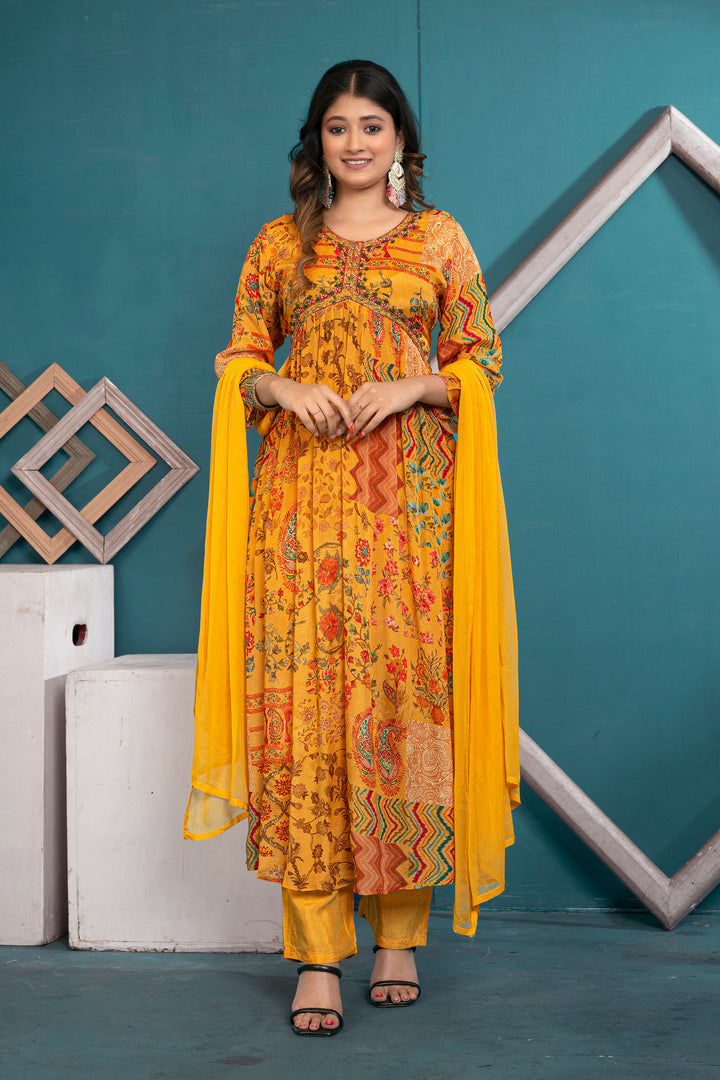 WOMEN'S FLORAL PRINTED - DABKA, DOREE, SEQUIN & CUTDANA EMBROIDERED - PLEATED KURTA, PANT AND DUPATTA SET OF 3 - MUSTARD YELLOW