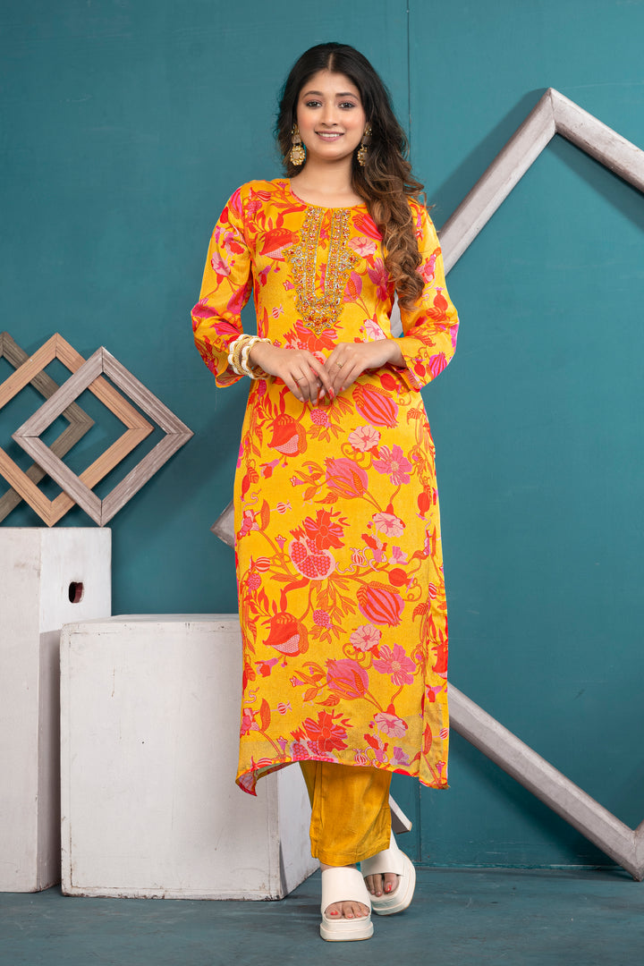 WOMEN'S FLORAL PRINTED - DABKA, DOREE, SEQUIN & CUTDANA EMBROIDERED - KURTA & PANT SET OF 2 - YELLOW