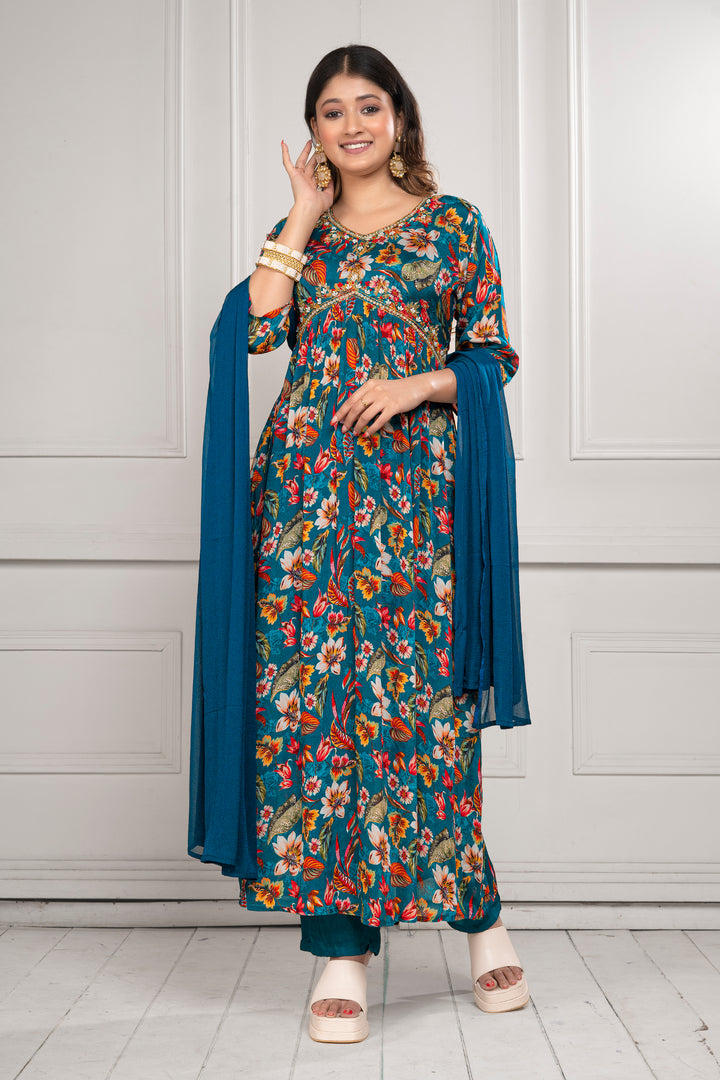 WOMEN'S FLORAL PRINTED - DABKA, DOREE, PEARL, SEQUIN & CUTDANA EMBROIDERED - PLEATED KURTA, PANT AND DUPATTA SET OF 3 - BLUE